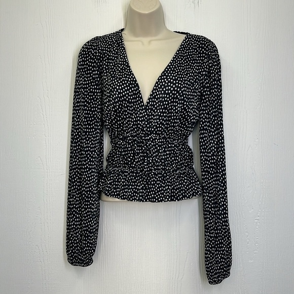 Zara - Polka Dot Black & White Plunge Tie Silky Long Sleeve Blouse Size Small - Picture 2 of 10